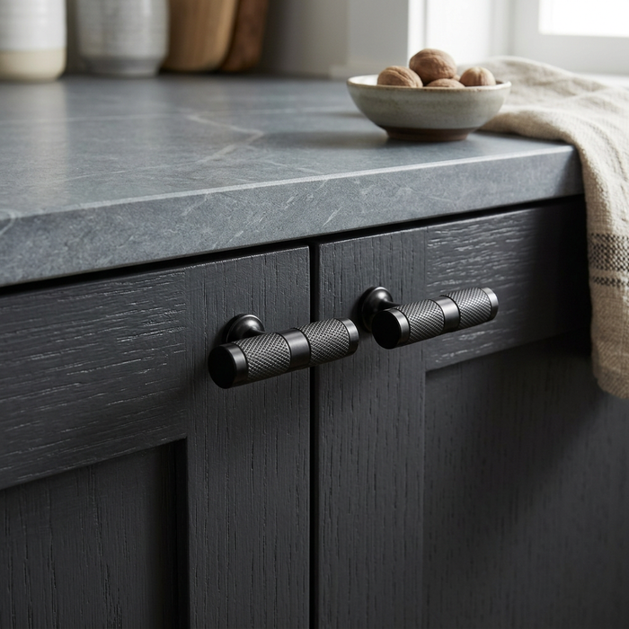 Richelieu 8997 black cabinet knobs installed on a dark cabinet