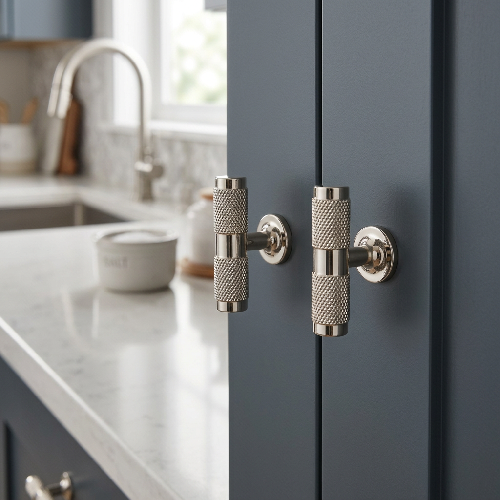 Richelieu 8997 polished gold cabinet knobs installed on a blue vanity cabinet
