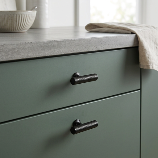 Richelieu 9208 spiral cabinet knob set of 2 in black finish installed on green kitchen cabinet