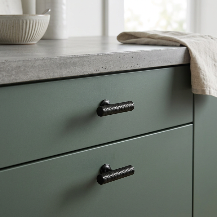 Richelieu 9208 spiral cabinet knob set of 2 in black finish installed on green kitchen cabinet