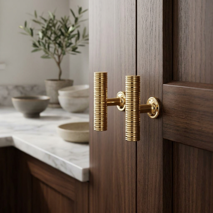 Richelieu 9208 spiral cabinet knob set of 2 in gold finish installed on wooden cabinet