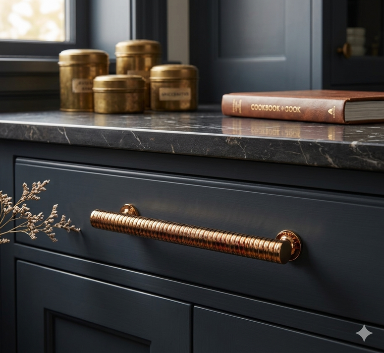 Richelieu 9208 spiral cabinet pull installed on modern kitchen cabinetry