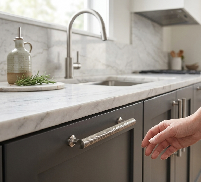 Richelieu 9208 spiral cabinet pull installed on a modern vanity cabinet