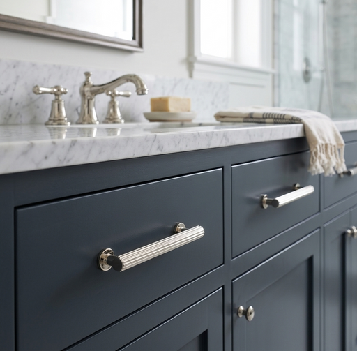 Richelieu 9730 fluted cabinet pull installed on a modern bathroom vanity