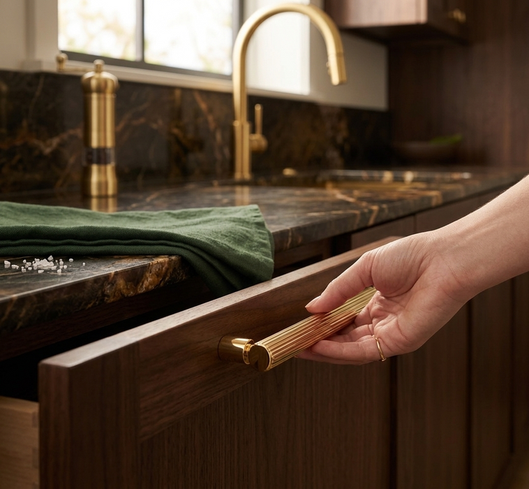 Richelieu 9730 fluted cabinet pull installed on a modern kitchen drawer