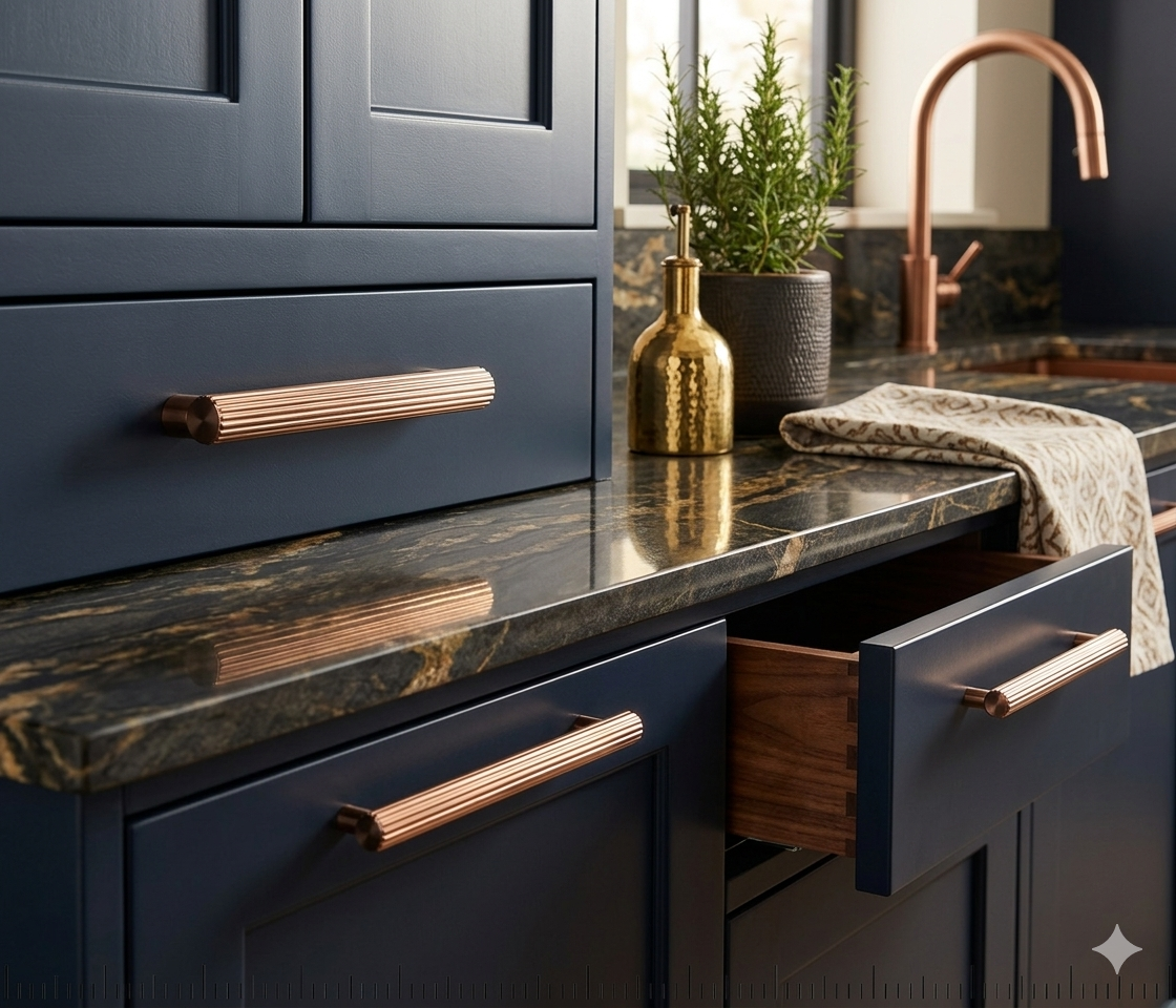 Richelieu 9730 fluted cabinet pull installed on modern kitchen cabinetry