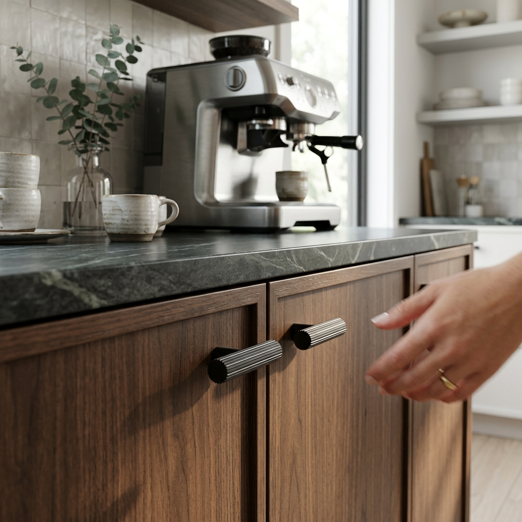 Richelieu 9730 fluted cabinet knob set of 2 in black finish on wooden kitchen cabinet with hand interaction
