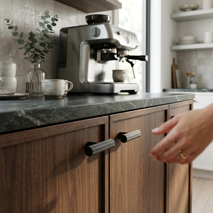 Richelieu 9730 fluted cabinet knob set of 2 in black finish on wooden kitchen cabinet with hand interaction