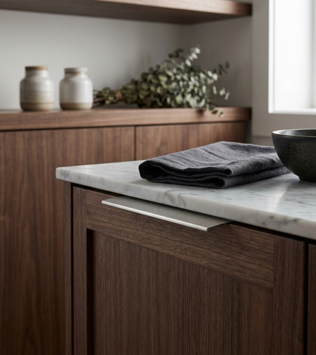 Richelieu 9898 stainless steel edge pull installed on modern kitchen cabinetry