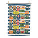 Sardine tins cotton kitchen towel featuring colorful vintage seafood labels on blue striped background