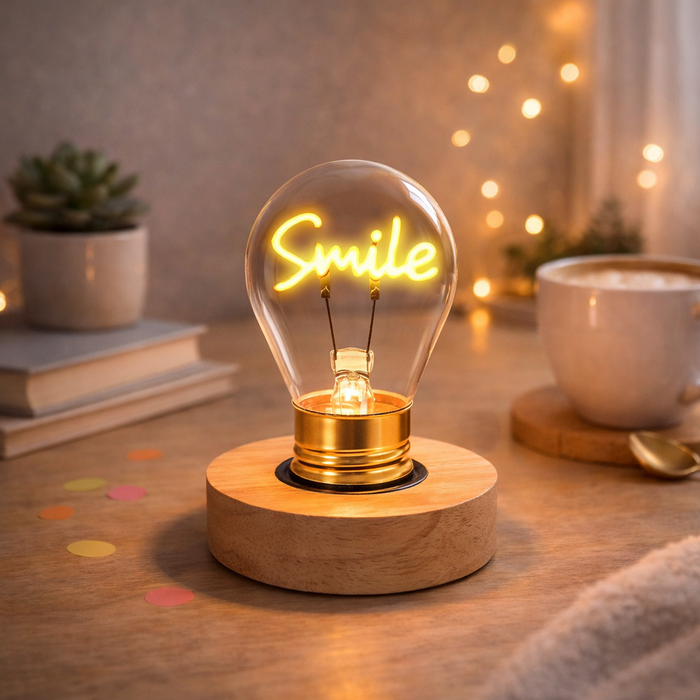 Smile neon LED light bulb on wooden base glowing in cozy room setting with warm lighting