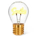 Smile neon LED light bulb with warm white glowing filament in clear glass on white background