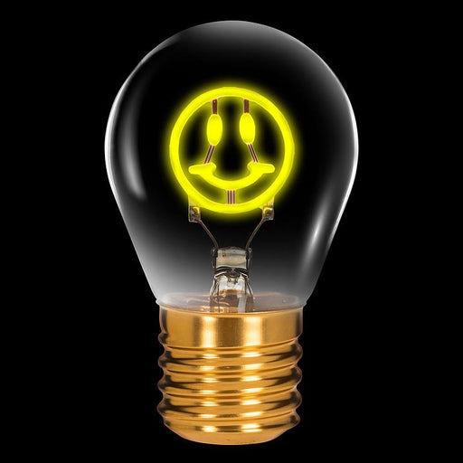 Smiley face neon LED light bulb glowing yellow on black background