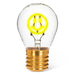 Smiley face neon LED light bulb with yellow glowing filament in clear glass on white background