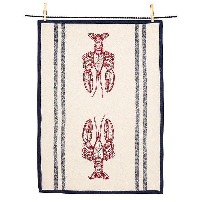Striped lobster cotton kitchen towel featuring red lobster illustration with navy border on natural fabric