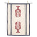 Striped lobster cotton kitchen towel featuring red lobster illustration with navy border on natural fabric