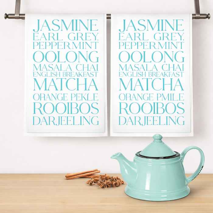 Tea Types cotton kitchen towels styled in modern kitchen with teapot and decor