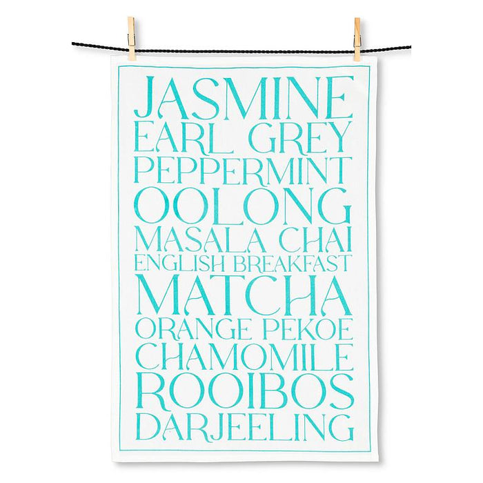 Tea Types kitchen towel set of 2 cotton dish towels with turquoise typography design