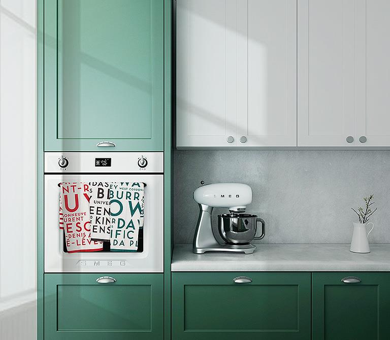 Toronto street names kitchen towel displayed on oven in modern kitchen setting