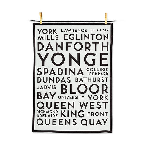 Toronto street names cotton kitchen towel featuring bold typography of Toronto streets