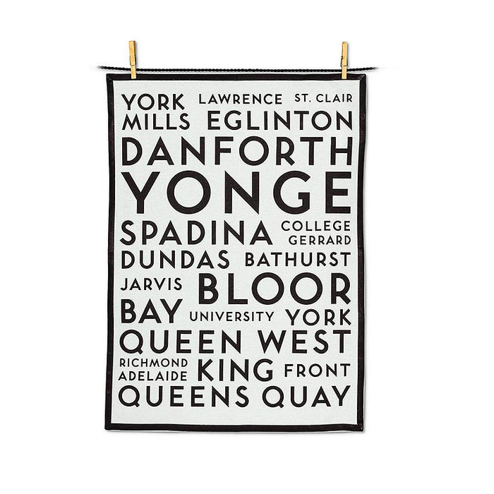 Toronto street names cotton kitchen towel featuring bold typography of Toronto streets