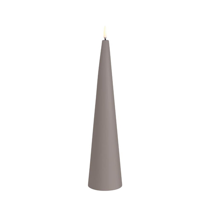 Single Uyuni LED flameless cone candle in sandstone finish with 3D flame