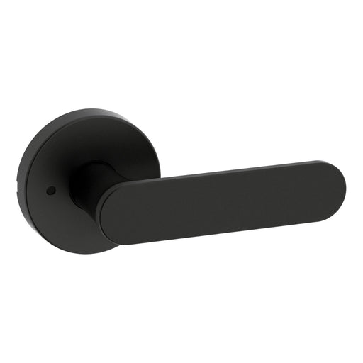 Matte black pill shaped privacy door handle on a white background