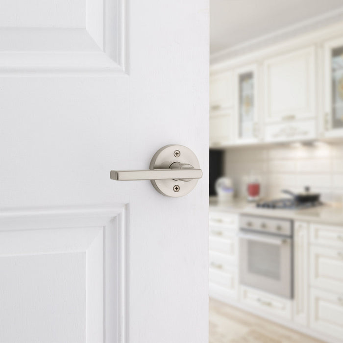 Modern interior door with Weiser Halifax satin nickel door lever