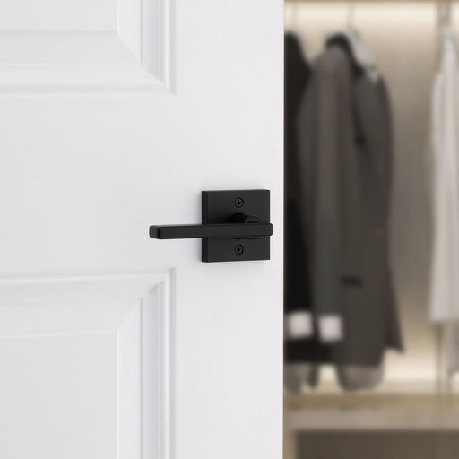 Weiser Halifax matte black square dummy lever installed on interior door