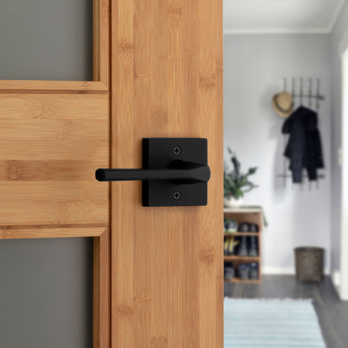 Weiser Lisbon square dummy door lever matte black installed on closet door