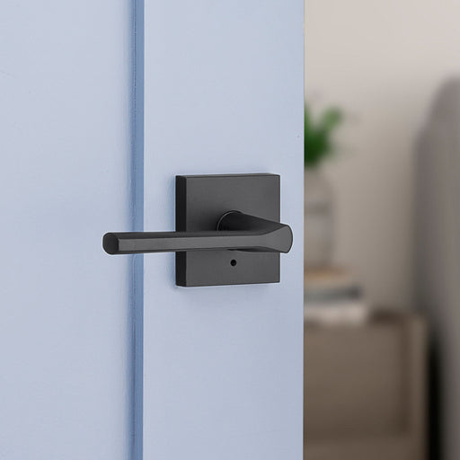 Weiser Lisbon Square Matte Black Privacy Door Lever Installed on Interior Door
