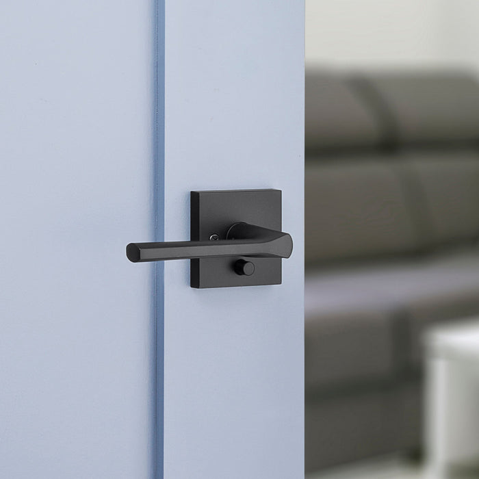 Weiser Lisbon Square Matte Black Privacy Door Lever Installed on Interior Door