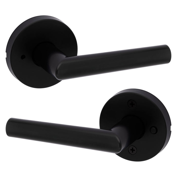 Weiser Milan Round Matte Black Privacy Door Lever Installed on Interior Door