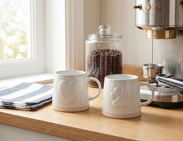 White paw print stoneware mugs displayed on a kitchen countertop