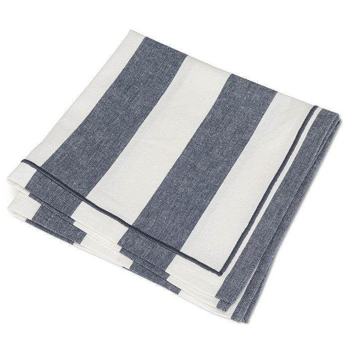 Folded set of blue and ivory wide stripe cotton napkins