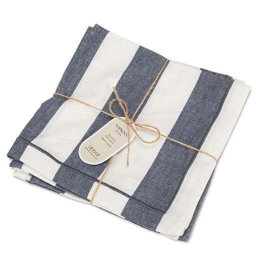 Set of four blue and ivory wide stripe cotton napkins tied together