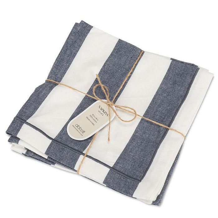 Set of four blue and ivory wide stripe cotton napkins tied together