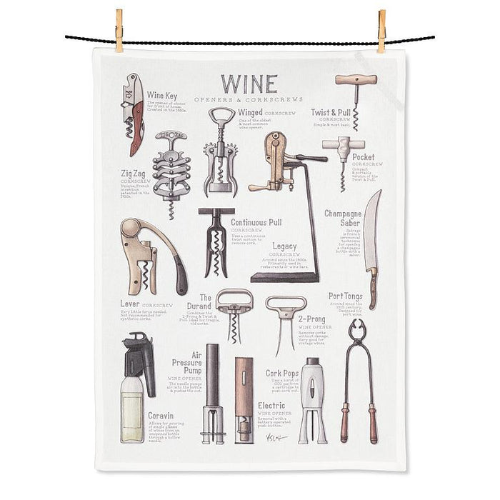 Wine openers illustrated cotton kitchen towel featuring corkscrew and wine tool designs